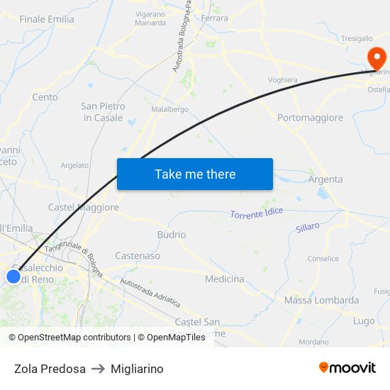 Zola Predosa to Migliarino map