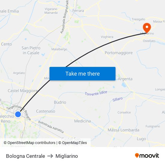 Bologna Centrale to Migliarino map