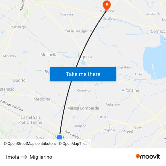 Imola to Migliarino map