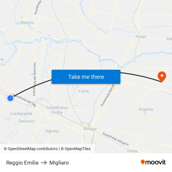 Reggio Emilia to Migliaro map