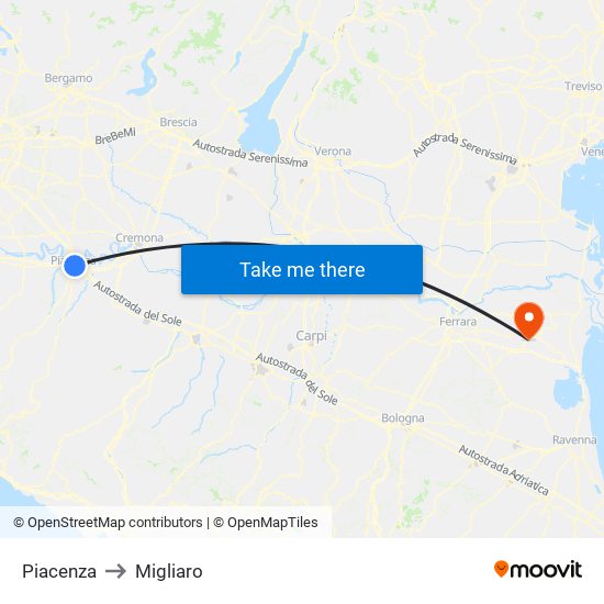 Piacenza to Migliaro map