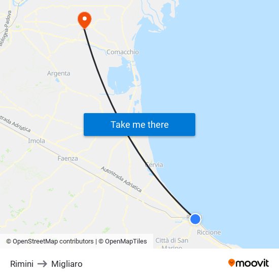 Rimini to Migliaro map