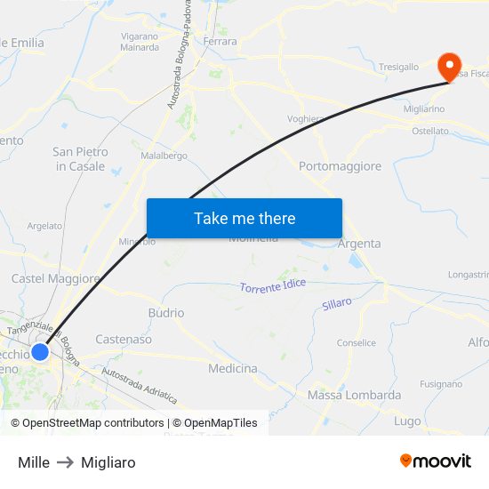 Mille to Migliaro map