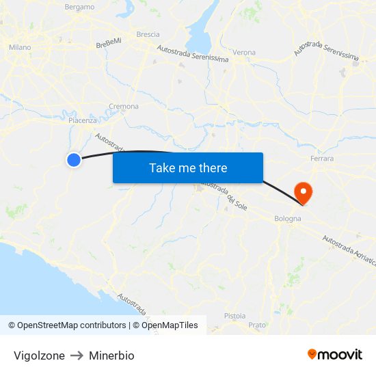 Vigolzone to Minerbio map