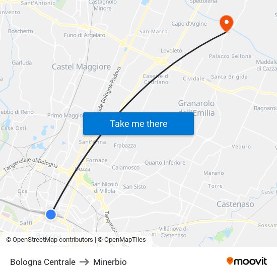 Bologna Centrale to Minerbio map