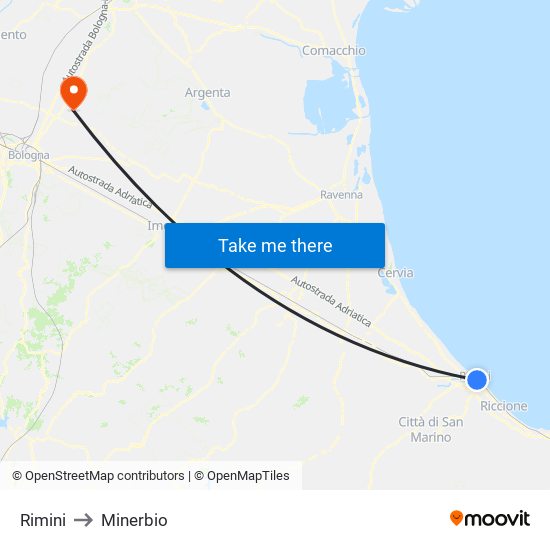 Rimini to Minerbio map