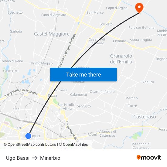 Ugo Bassi to Minerbio map