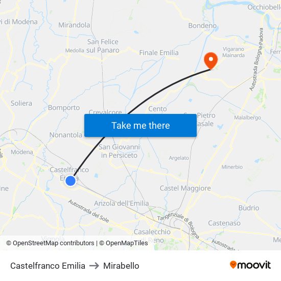 Castelfranco Emilia to Mirabello map
