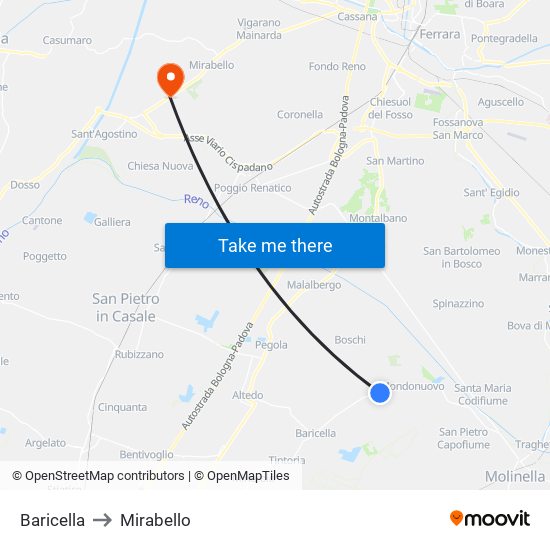 Baricella to Mirabello map