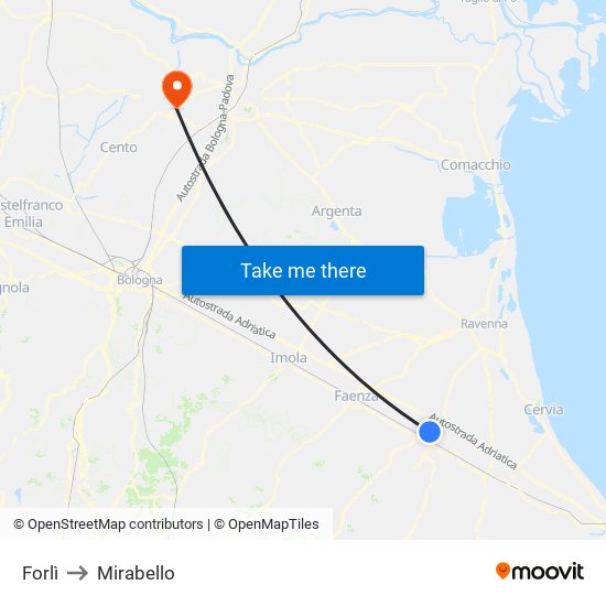 Forlì to Mirabello map