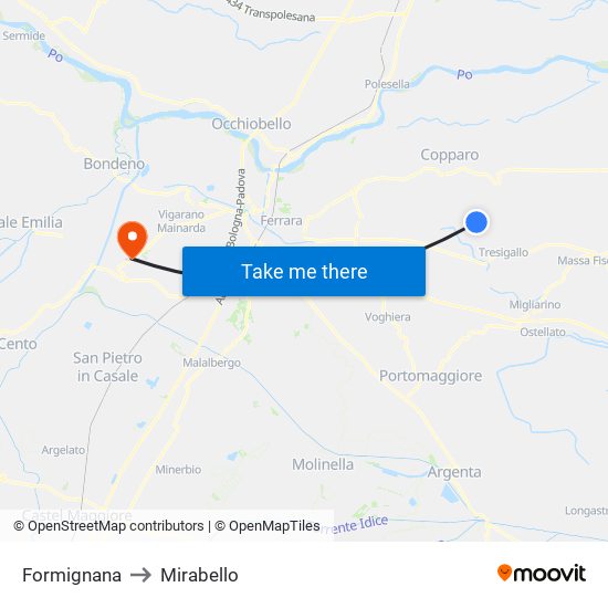 Formignana to Mirabello map