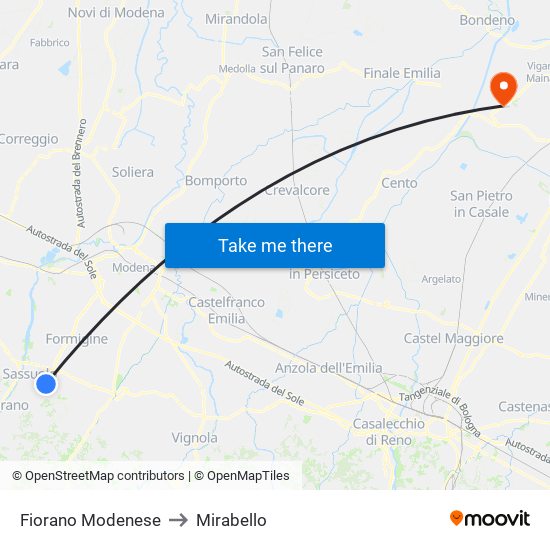 Fiorano Modenese to Mirabello map