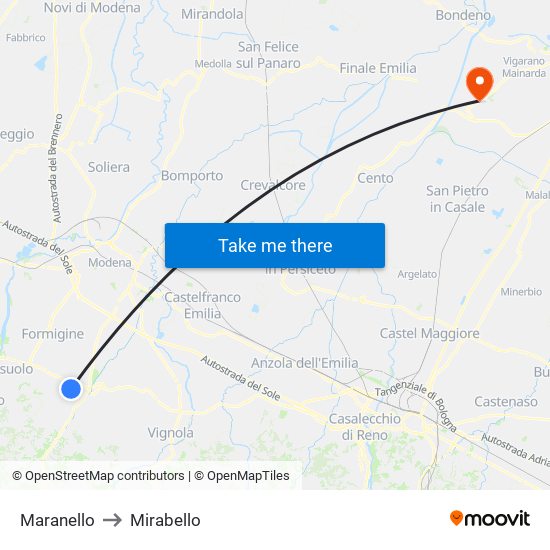 Maranello to Mirabello map
