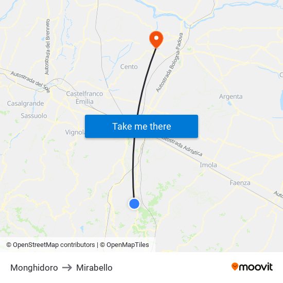 Monghidoro to Mirabello map