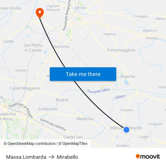Massa Lombarda to Mirabello map