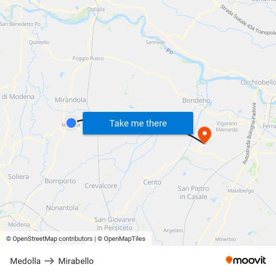 Medolla to Mirabello map