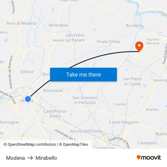 Modena to Mirabello map