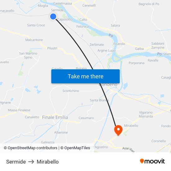 Sermide to Mirabello map