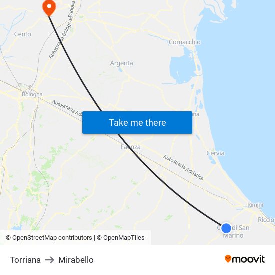 Torriana to Mirabello map