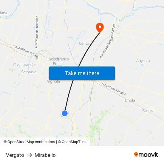 Vergato to Mirabello map