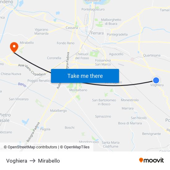 Voghiera to Mirabello map