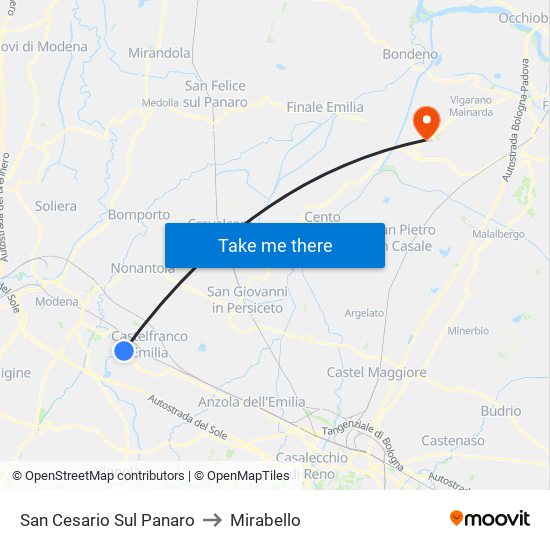 San Cesario Sul Panaro to Mirabello map