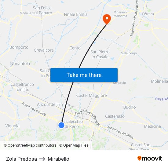 Zola Predosa to Mirabello map