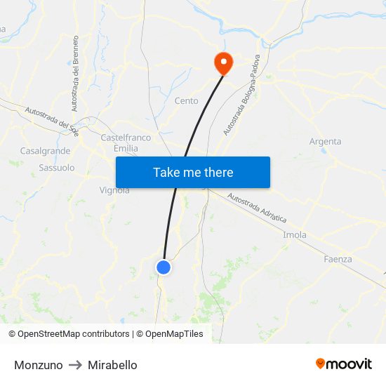 Monzuno to Mirabello map