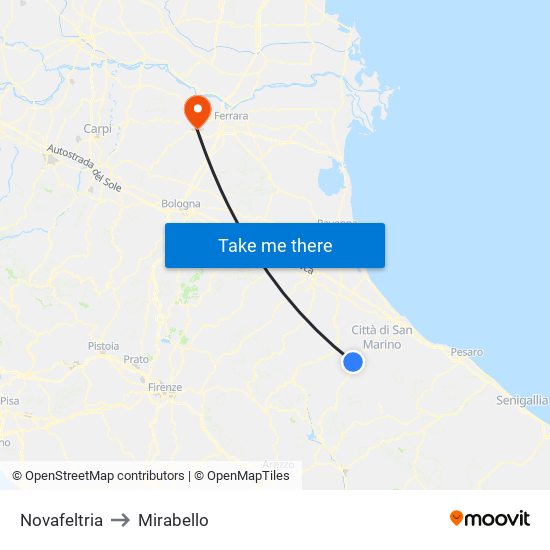 Novafeltria to Mirabello map