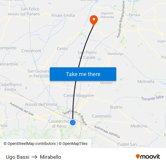 Ugo Bassi to Mirabello map