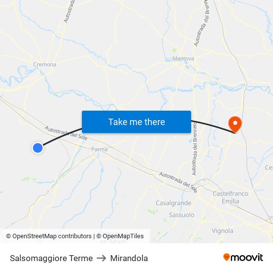 Salsomaggiore Terme to Mirandola map