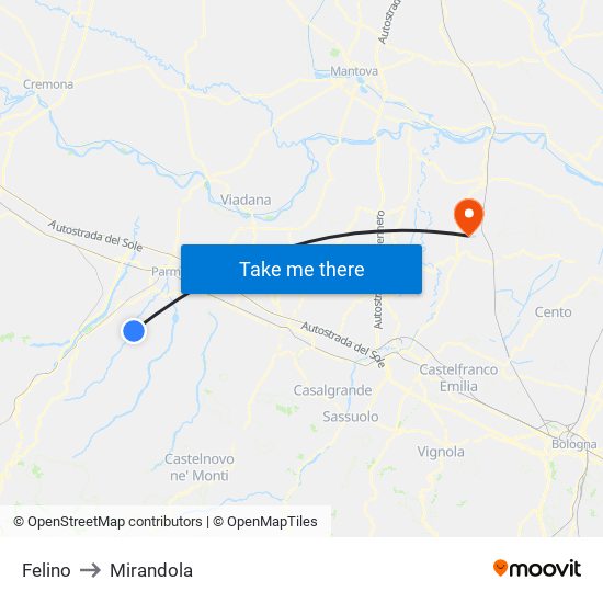 Felino to Mirandola map