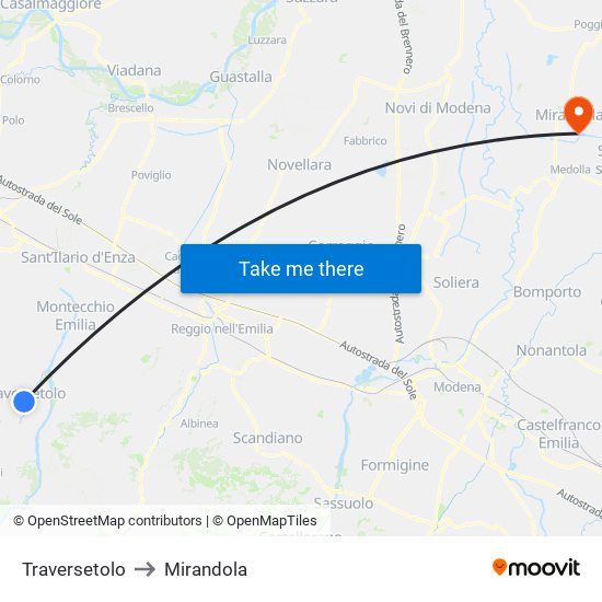 Traversetolo to Mirandola map