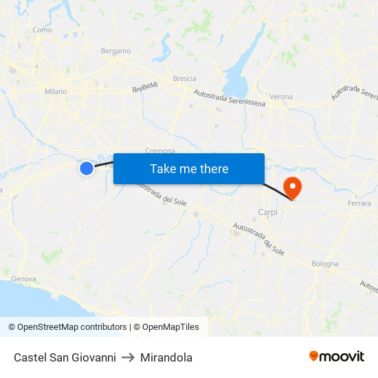 Castel San Giovanni to Mirandola map