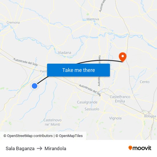 Sala Baganza to Mirandola map