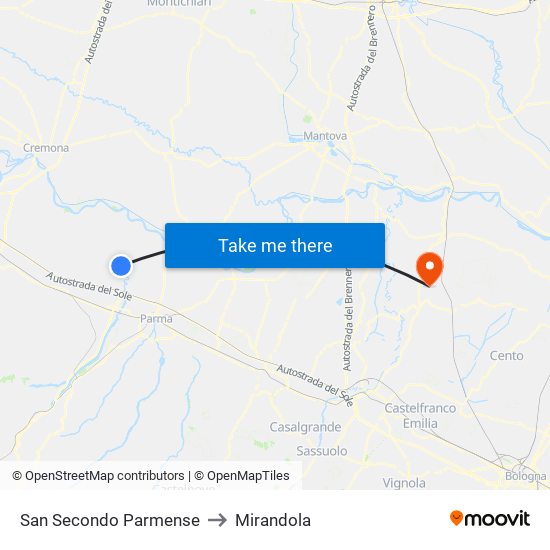 San Secondo Parmense to Mirandola map