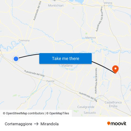 Cortemaggiore to Mirandola map