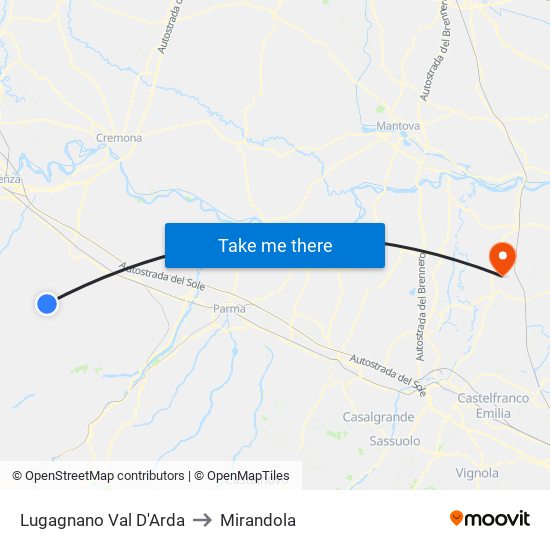 Lugagnano Val D'Arda to Mirandola map