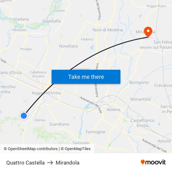 Quattro Castella to Mirandola map