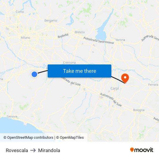 Rovescala to Mirandola map