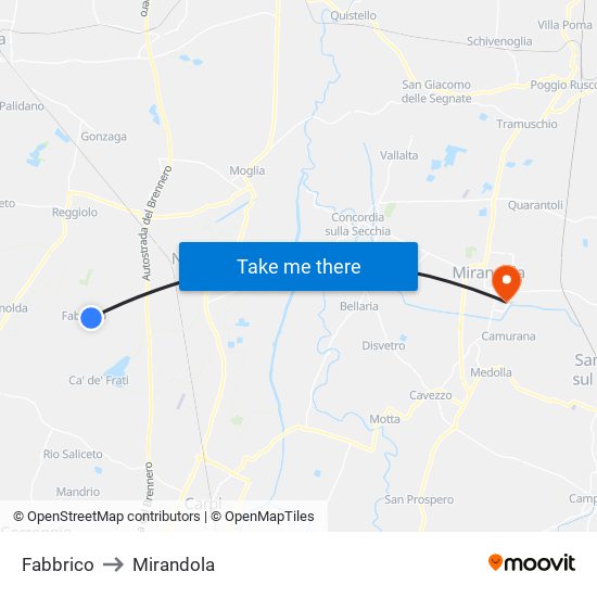 Fabbrico to Mirandola map