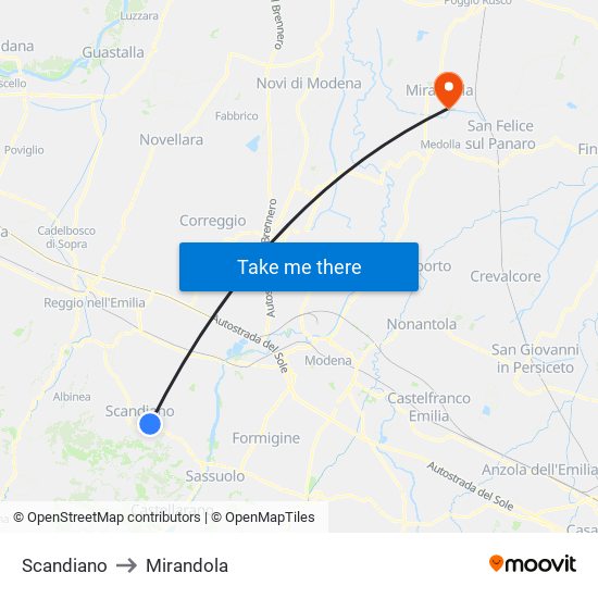 Scandiano to Mirandola map