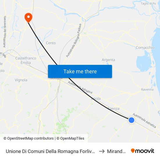 Unione Di Comuni Della Romagna Forlivese to Mirandola map