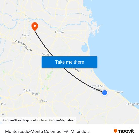 Montescudo-Monte Colombo to Mirandola map