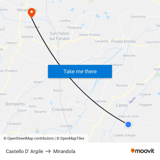 Castello D' Argile to Mirandola map