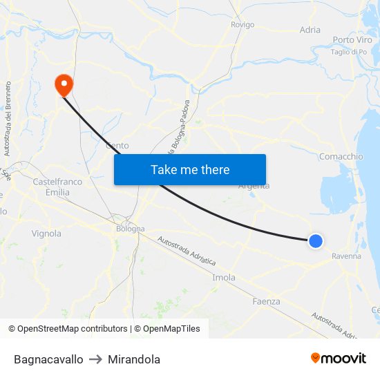 Bagnacavallo to Mirandola map