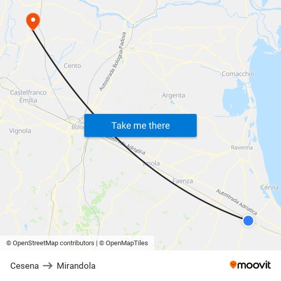 Cesena to Mirandola map