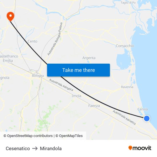 Cesenatico to Mirandola map