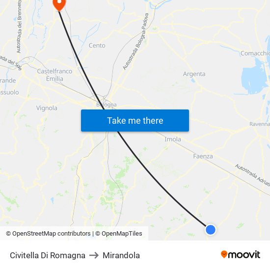 Civitella Di Romagna to Mirandola map