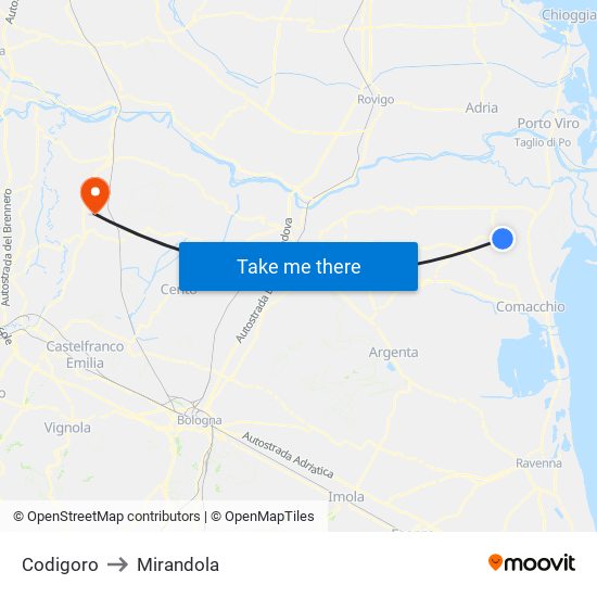 Codigoro to Mirandola map